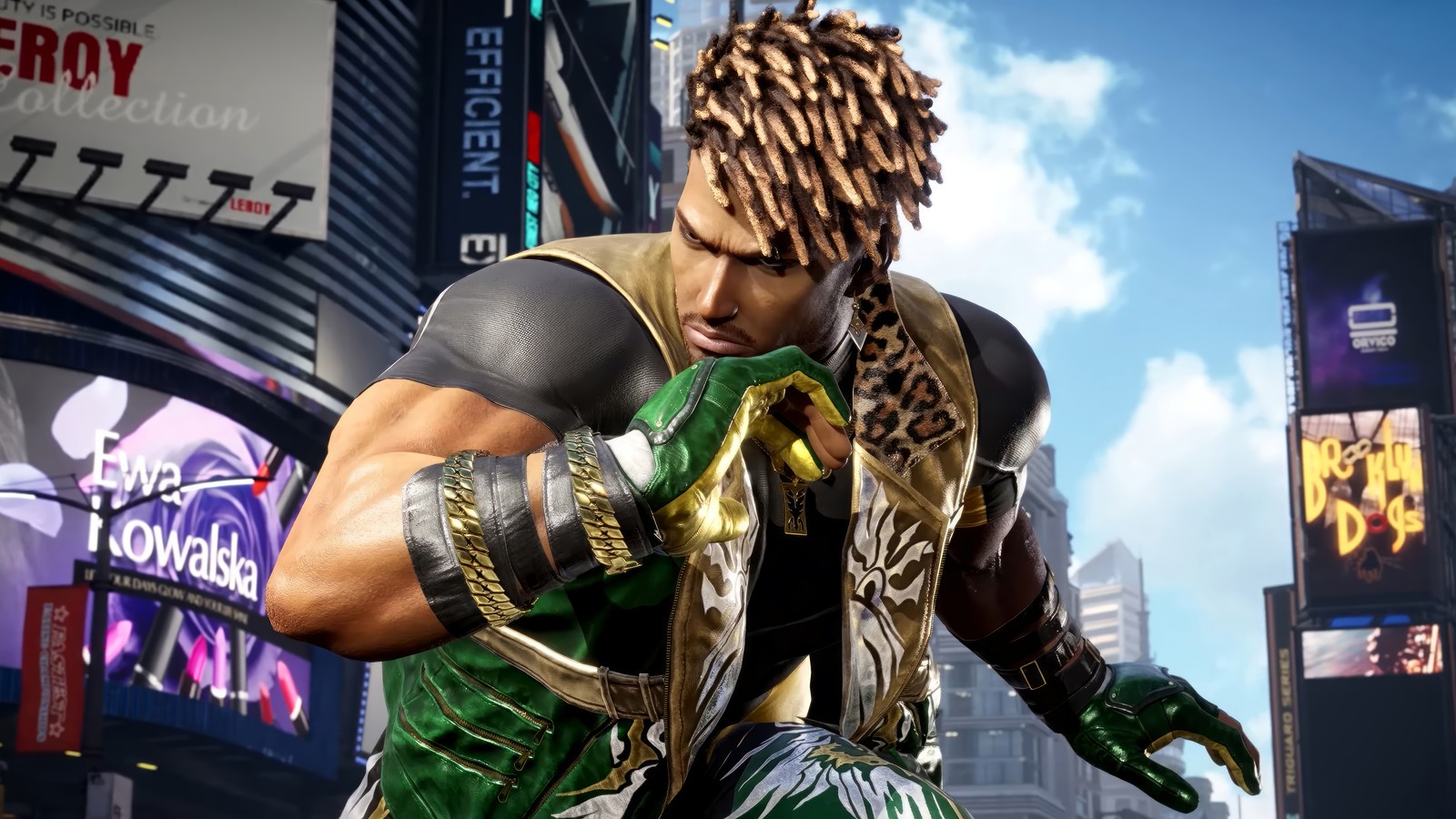 Un hombre con un traje verde sosteniendo una espada en una ciudad (eddy gordo, tekken 8, videojuego)