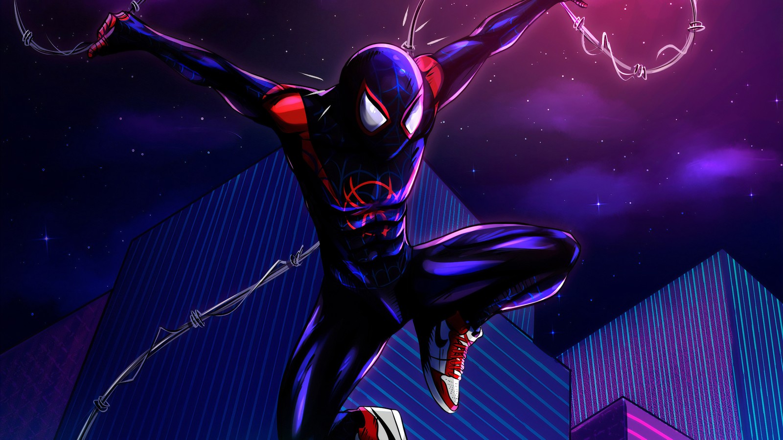 Homme araignée en costume noir sautant dans les airs (spider man, miles morales, marvel comics, conception graphique, super vilain)