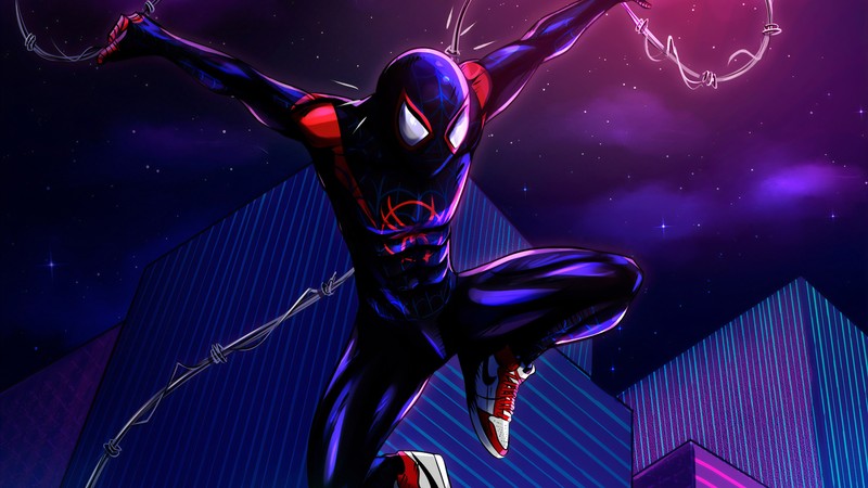 Человек-паук в черном костюме прыгает в воздухе (spider man, майлз моралес, miles morales, marvel comics, графический дизайн)