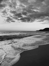 Sérénité monochrome : vagues et nuages à la plage