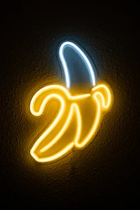 Panneau de banane au néon : exposition d'art lumineux jaune et bleu vif