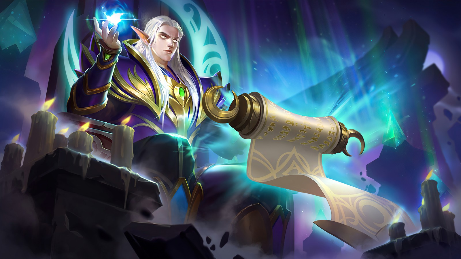 Un homme en tenue violette tient un rouleau et une épée (estes, mobile legends, bang bang, ml, mlbb)