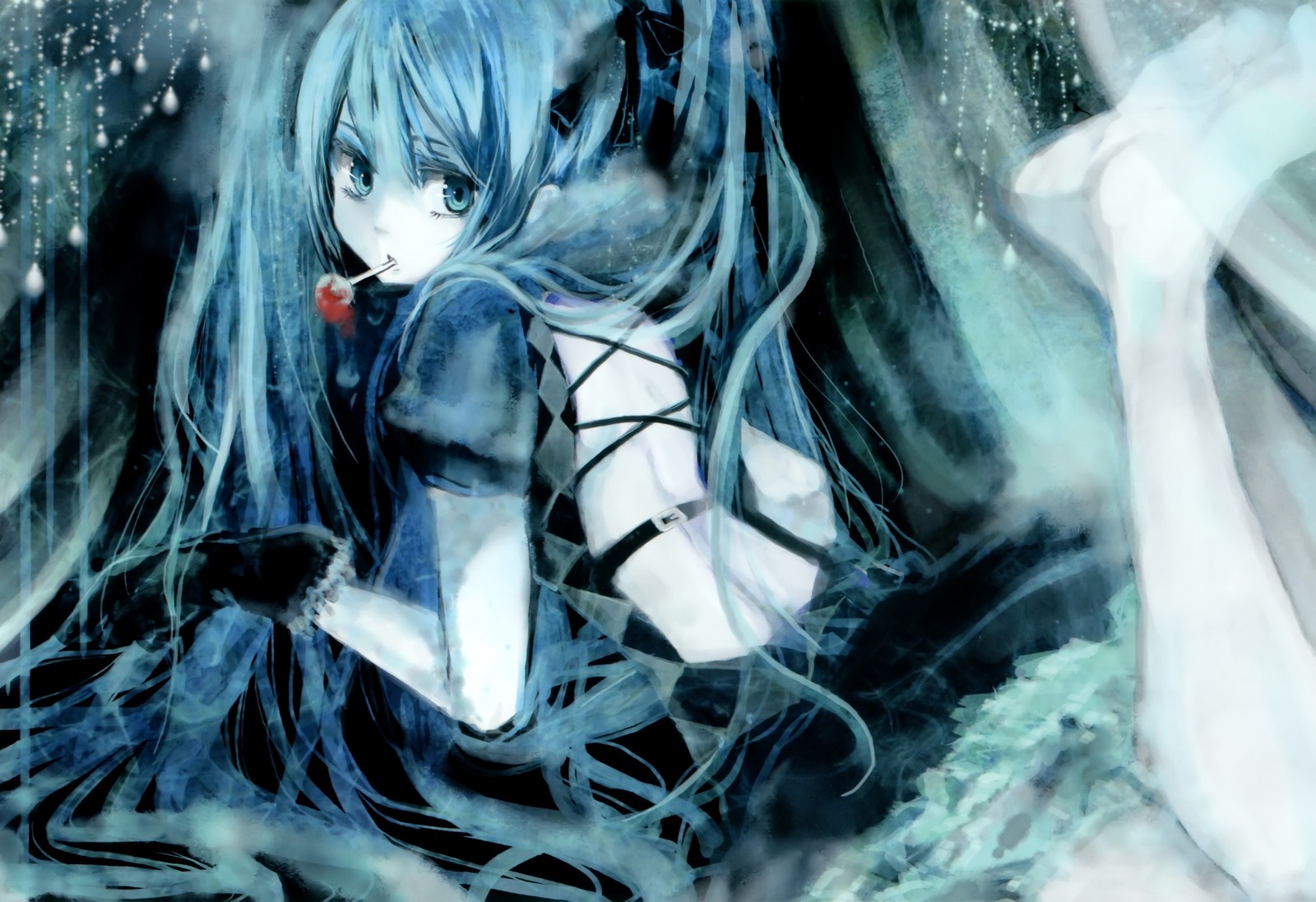 Anime girl with blue hair and long hair sitting in the snow (hatsune miku, vocaloid, anime, mythology, fictional character)