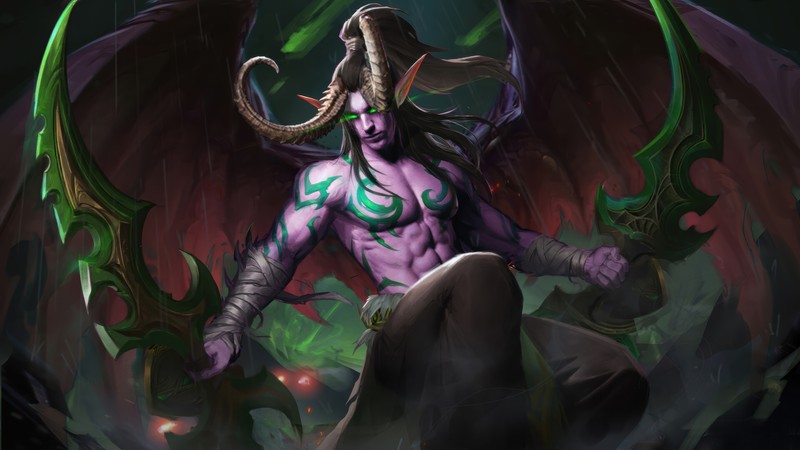 Мужчина с рогами и рогатым лицом держит меч (иллидан ярость бури, illidan stormrage, world of warcraft, видеоигра, wow)