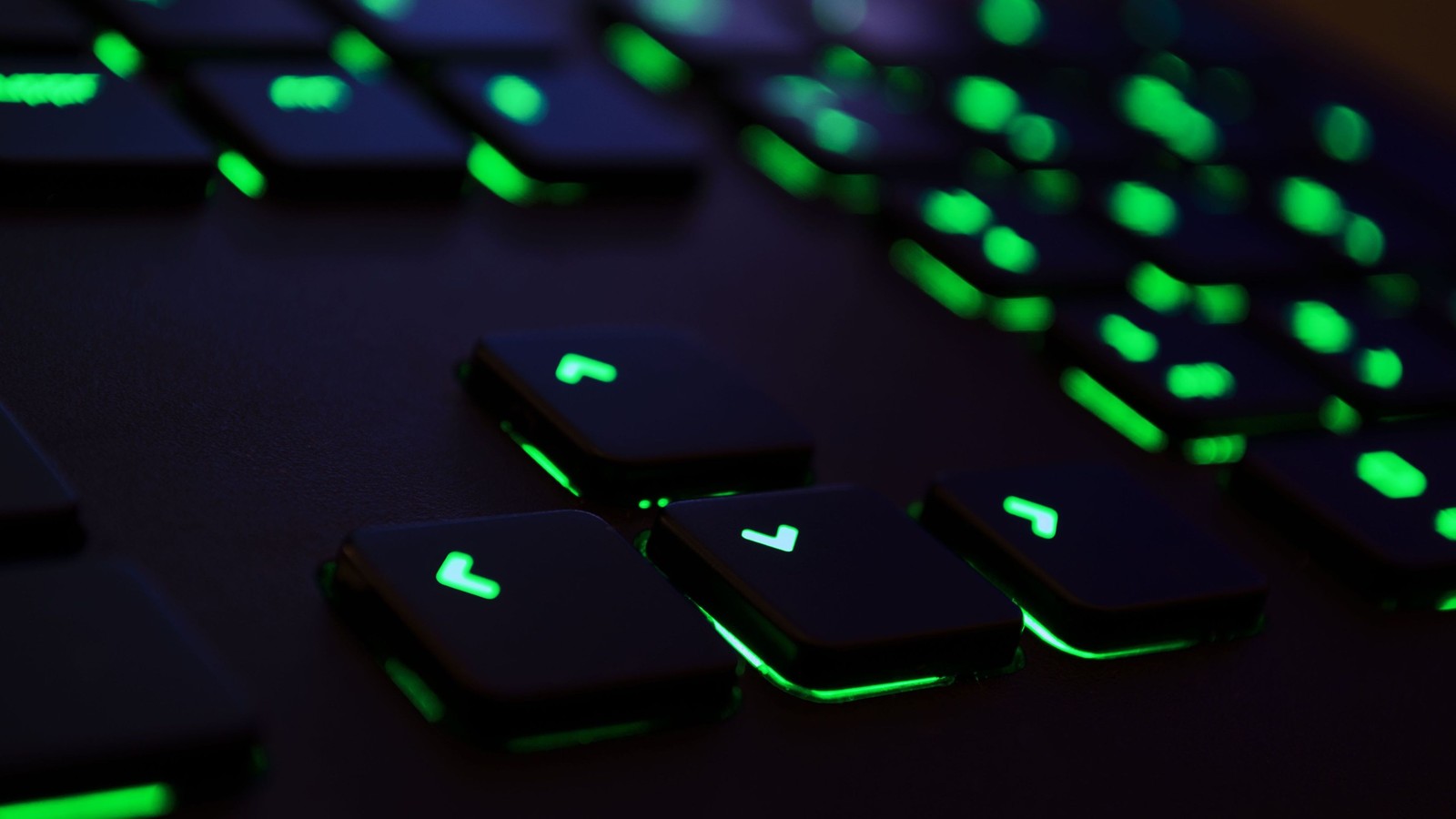 A close up of a keyboard with green lights on it (green, light, technology, lighting, electronic device)