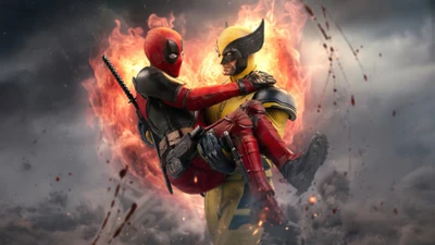 Deadpool and Wolverine in a Fiery Embrace