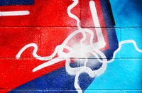 Vibrant abstract mural blending red and blue hues with dynamic white lines, showcasing contemporary street art and graphic design.