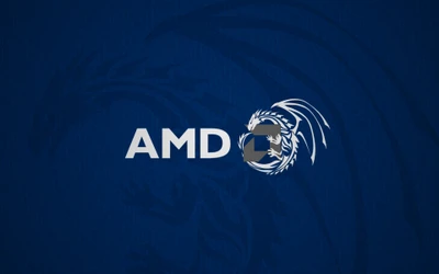 Logo AMD avec emblème de dragon sur fond bleu électrique