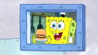 SpongeBob SquarePants servindo um Hambúrguer de Siri do Krusty Krab