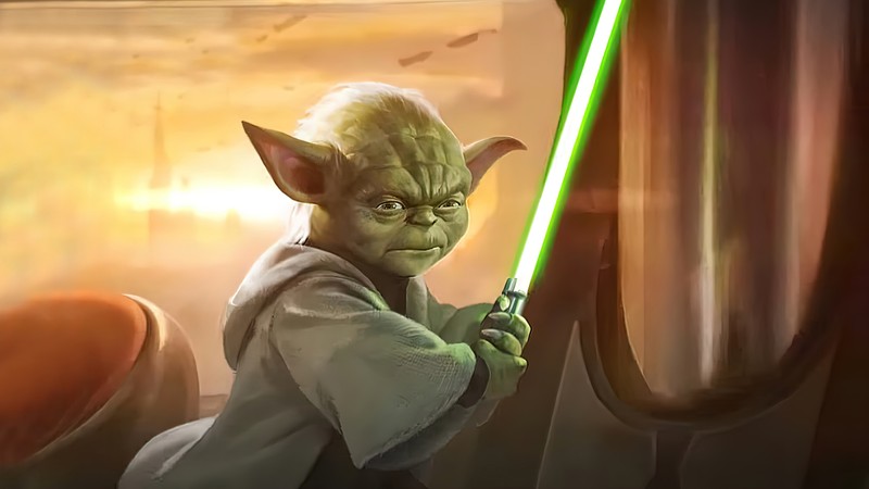 Йода держит зеленый световой меч в руке (циклоп, йода, yoda, кожа, mobile legends)