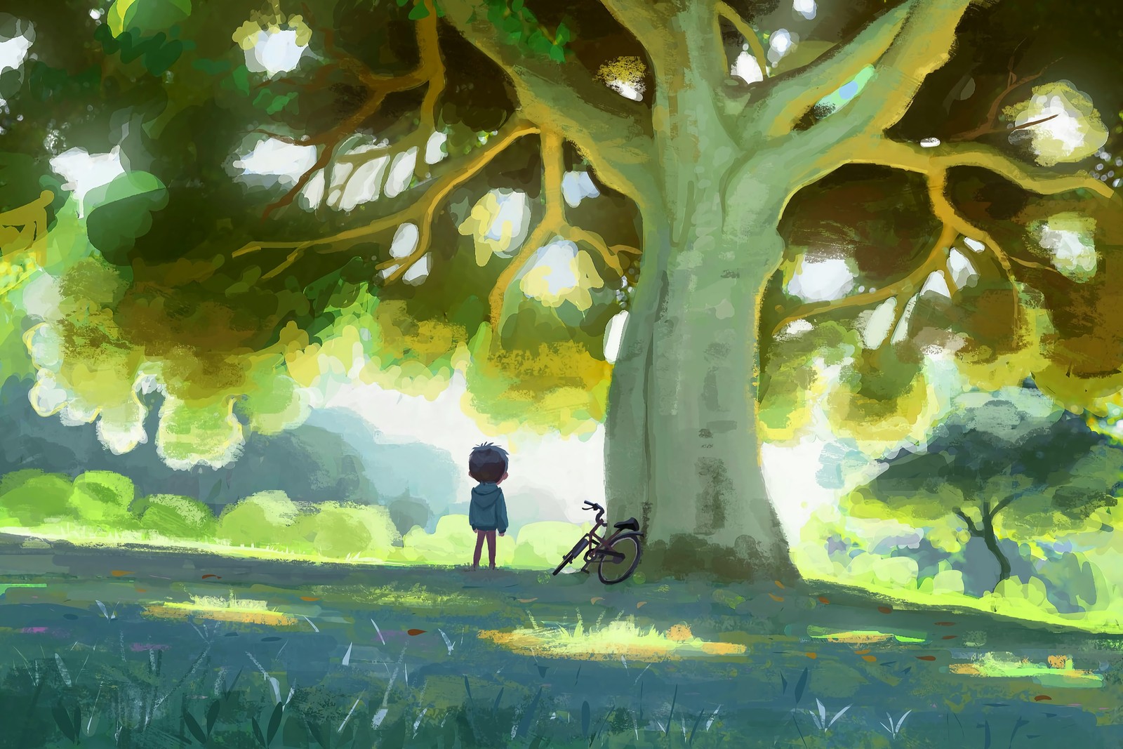 A painting of a person standing under a tree with a bike (branch, illustrator, sunlight, painting, tree)