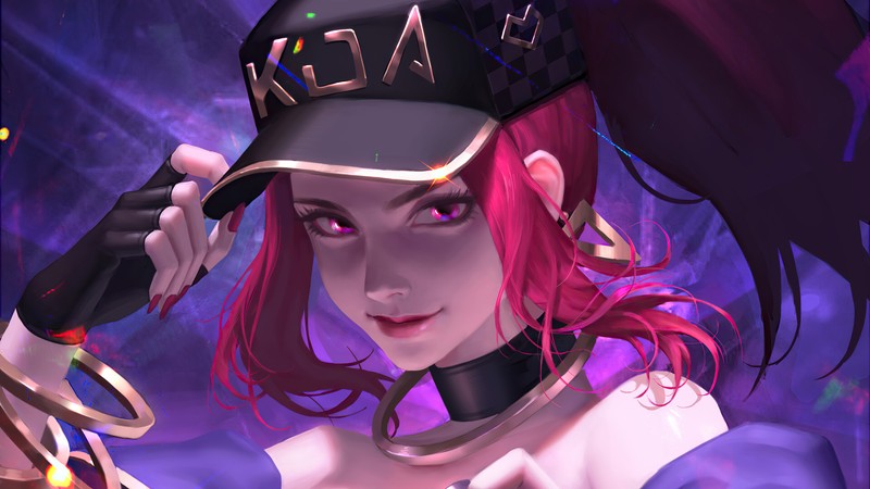 Крупный план женщины в бейсболке (kda, акали, akali, league of legends, lol)