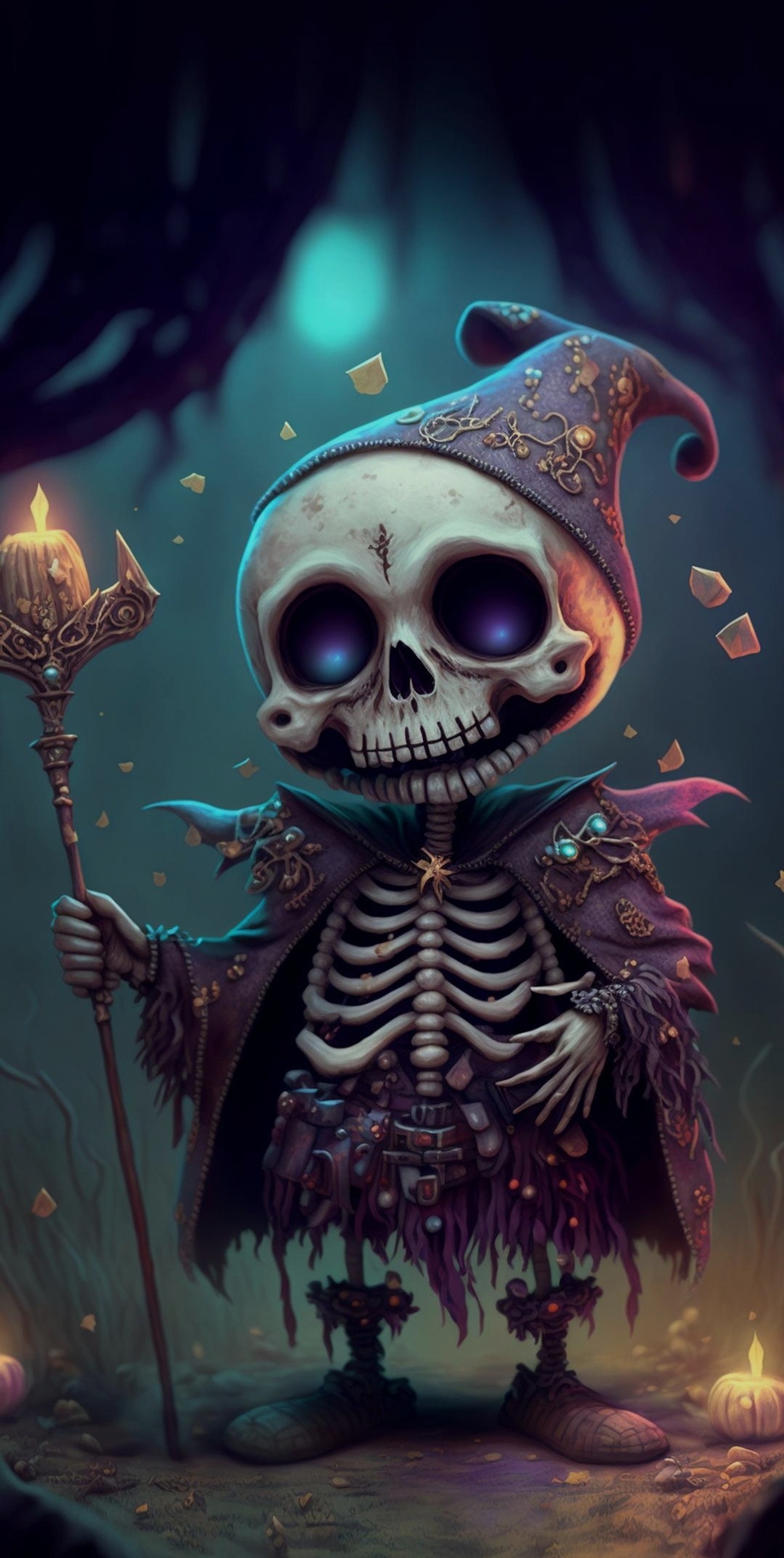 A cartoon skeleton dressed as a witch holding a broom and a staff (skull, art, purple, bone, pink)