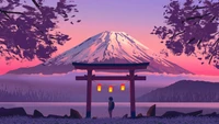 Serene Torii Gate at Twilight with Majestic Mountain Backdrop