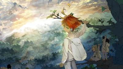 Emma olha para um horizonte esperançoso, cercada pela natureza e seus amigos, incorporando o espírito de aventura em "The Promised Neverland.