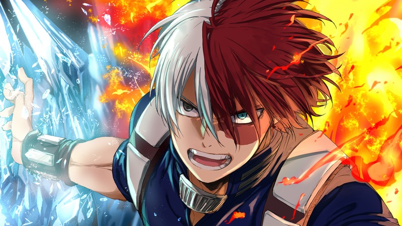 Мужчина с красными волосами и мечом перед огнем (shoto todoroki, my hero academia, мха, mha, 僕のヒーローアカデミア)