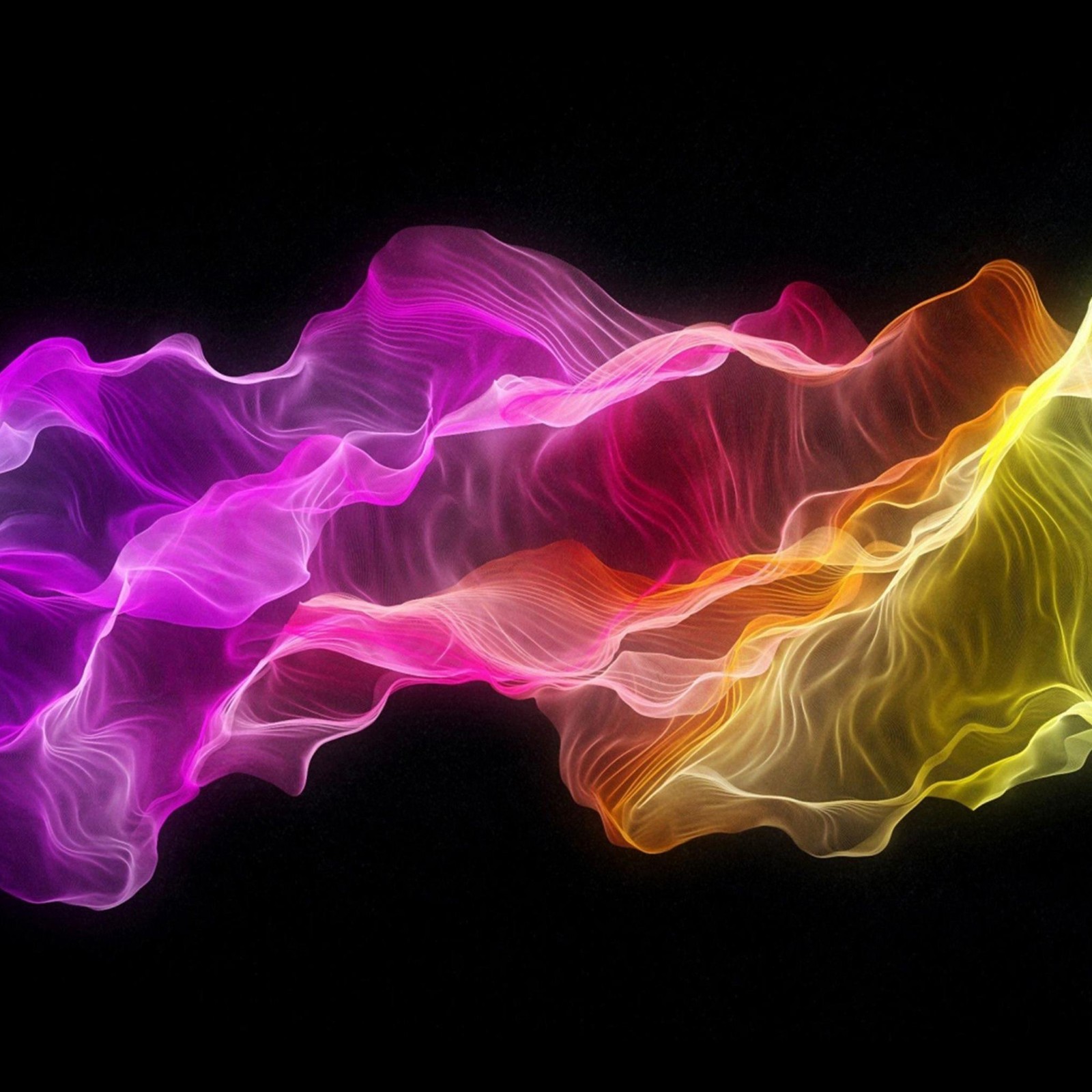 A close up of a colorful wave of smoke on a black background (neon, purple, pink, design, pattern)