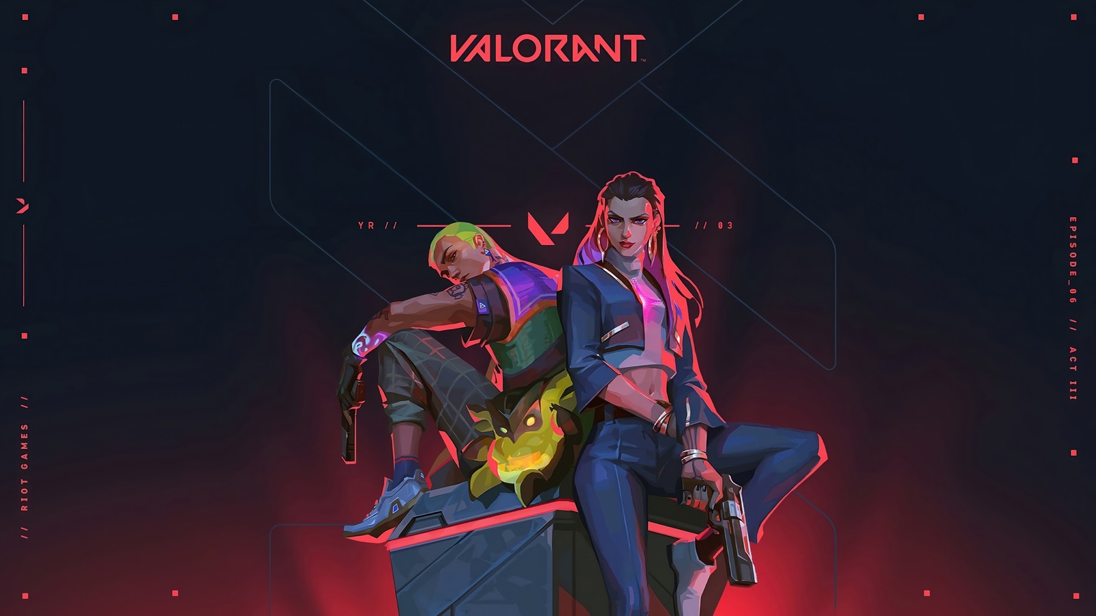 A close up of two people sitting on a box with neon lights (valorant, video game, gekko, reyna)