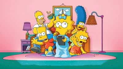 Die Simpsons Familie in einer bunten Cartoon-Szene