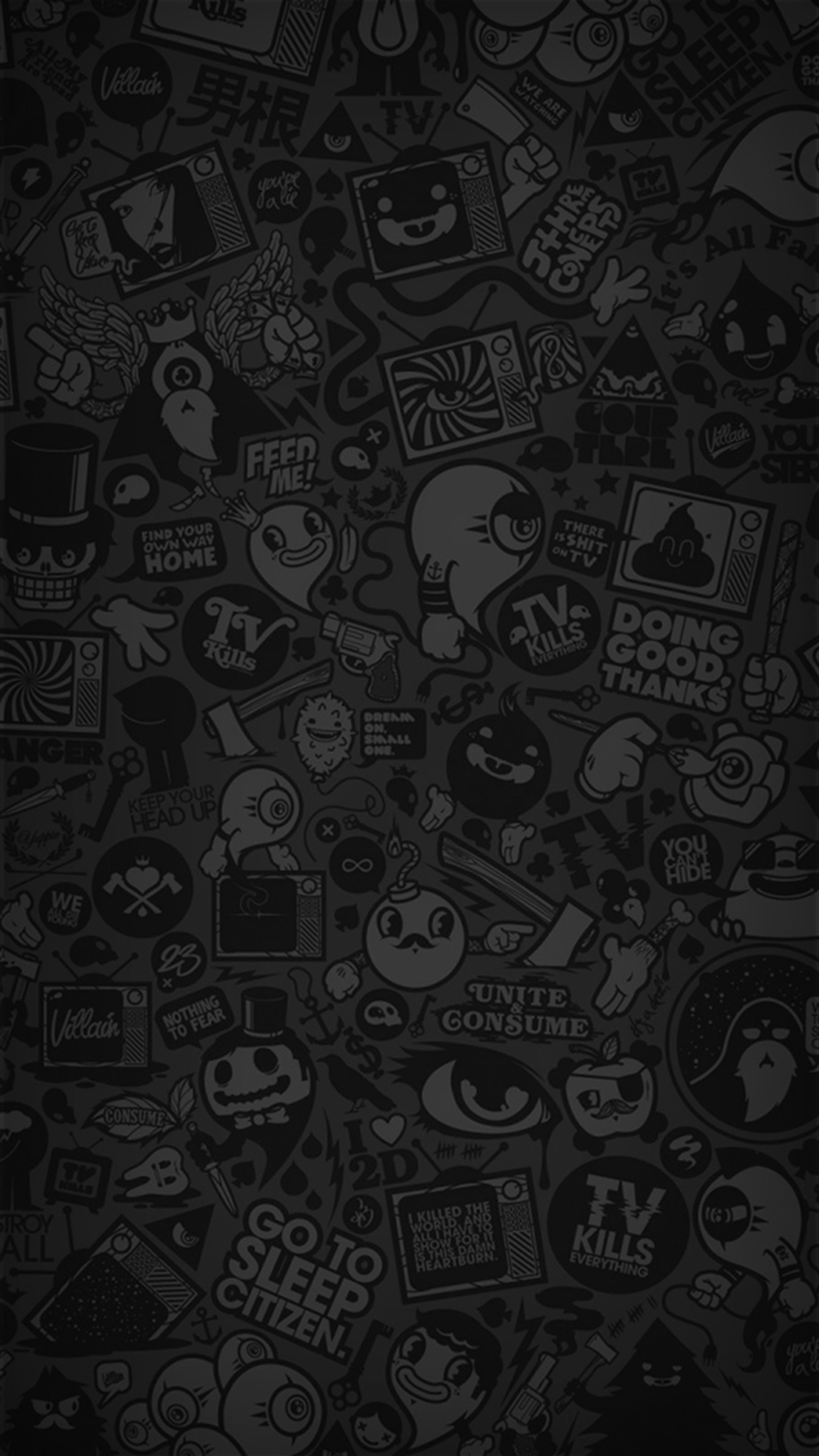 A black and white photo of a bunch of stickers (black, cartoon, dark, simple)