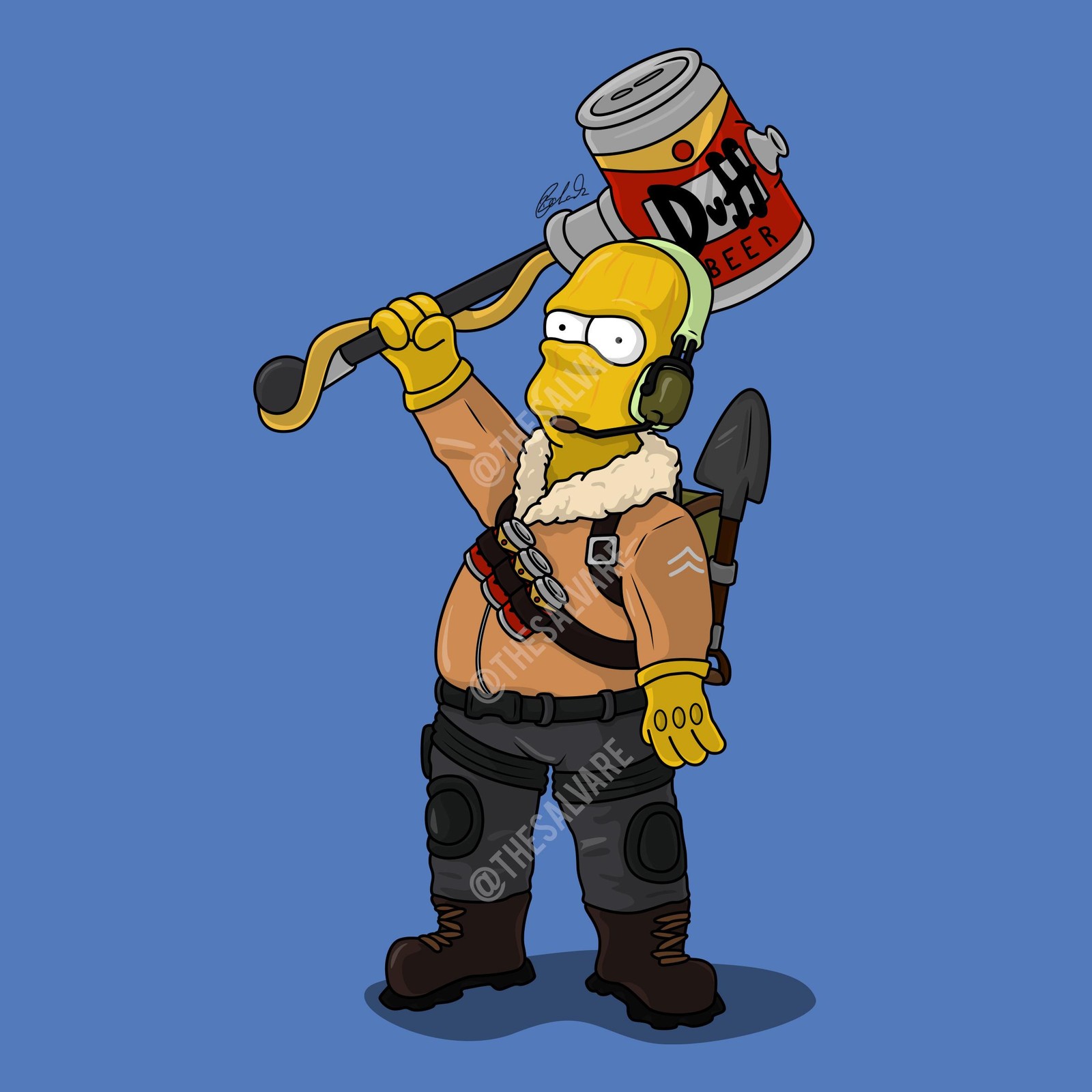 Un dibujo animado de un hombre con una cerveza y una lata de refresco (fortnite, simpsons, homero)