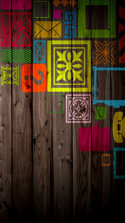 Colorful geometric patterns on a wooden plank background.