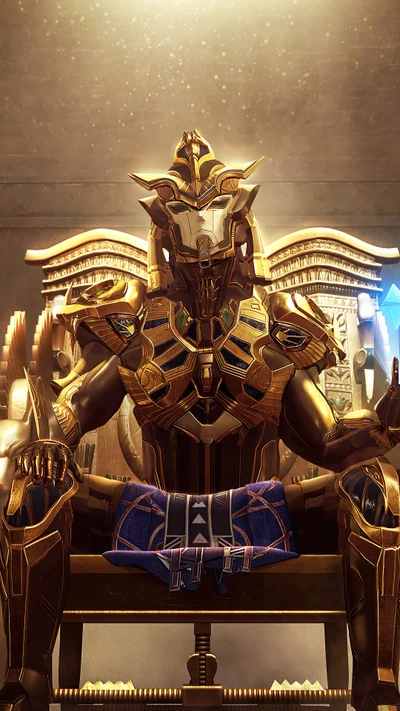 Golden warrior king seated on a throne, exuding power and majesty, set in a mystical gaming realm.