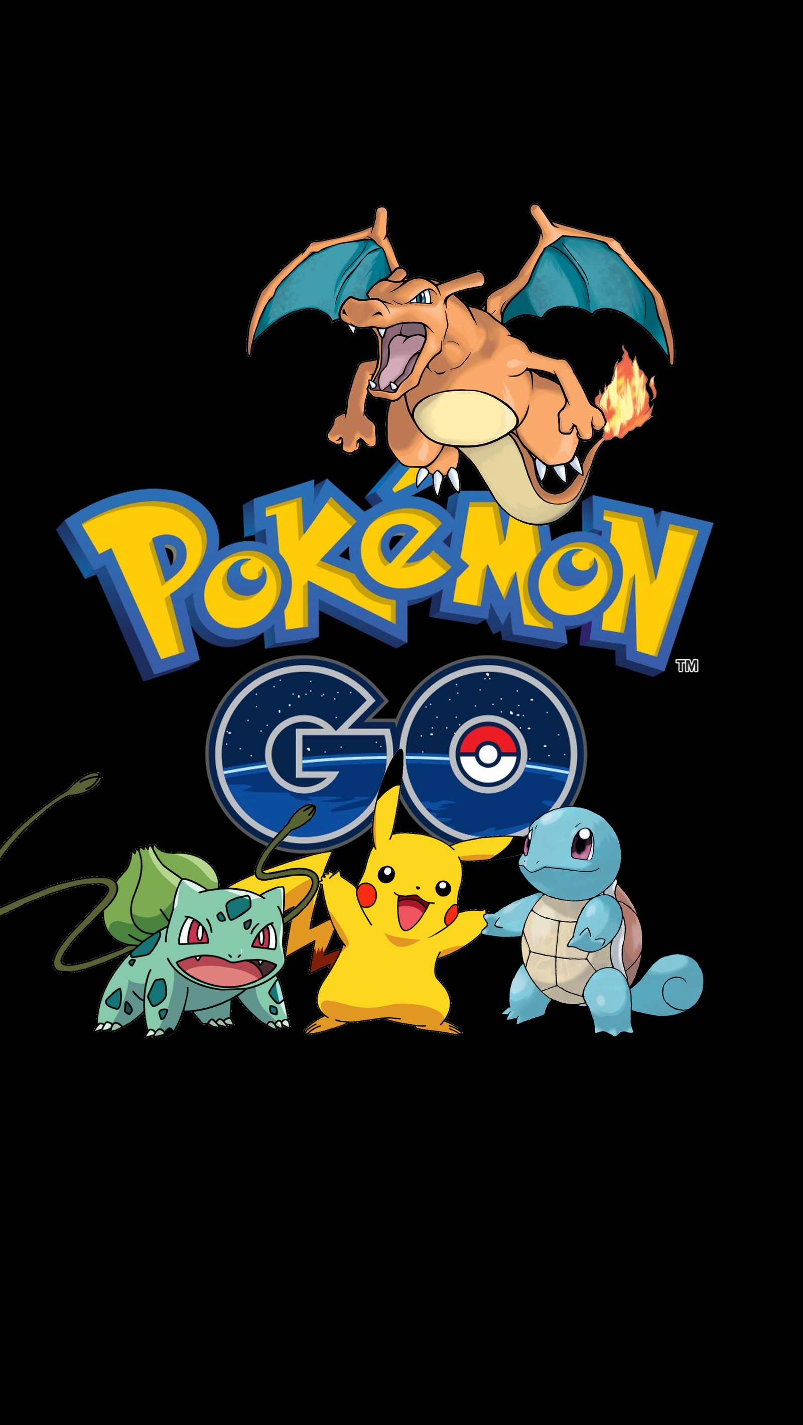 Pokemon go-logo mit allen charakteren (bisasam, bulbasaur, glurak, pikachu, pokémon)