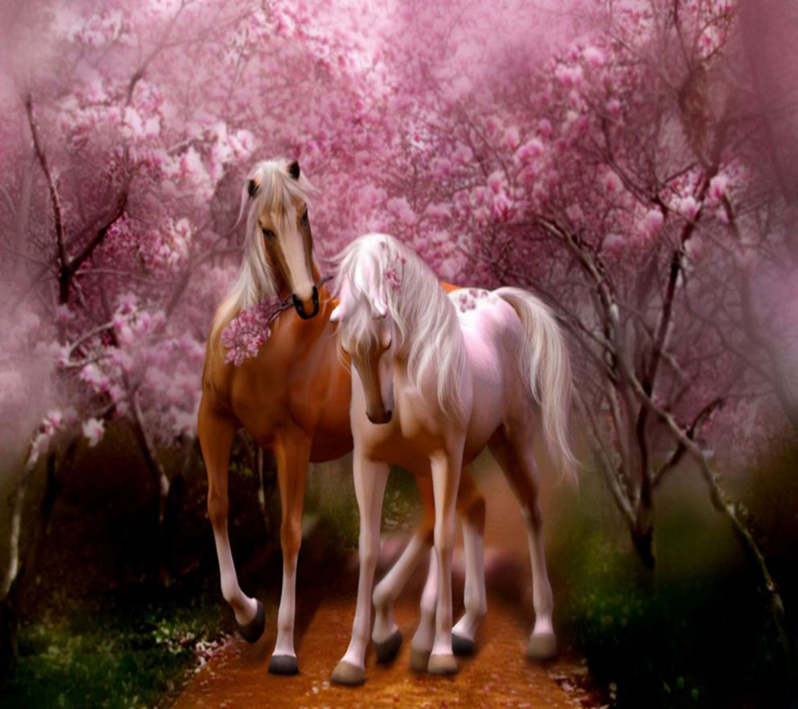 Horses are walking down a path in a pink forest (animal, beautiful, couple, flowers, horse)