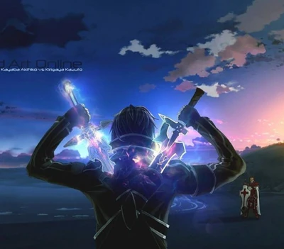 Kirito maniant deux épées contre un fond de coucher de soleil dans Sword Art Online.