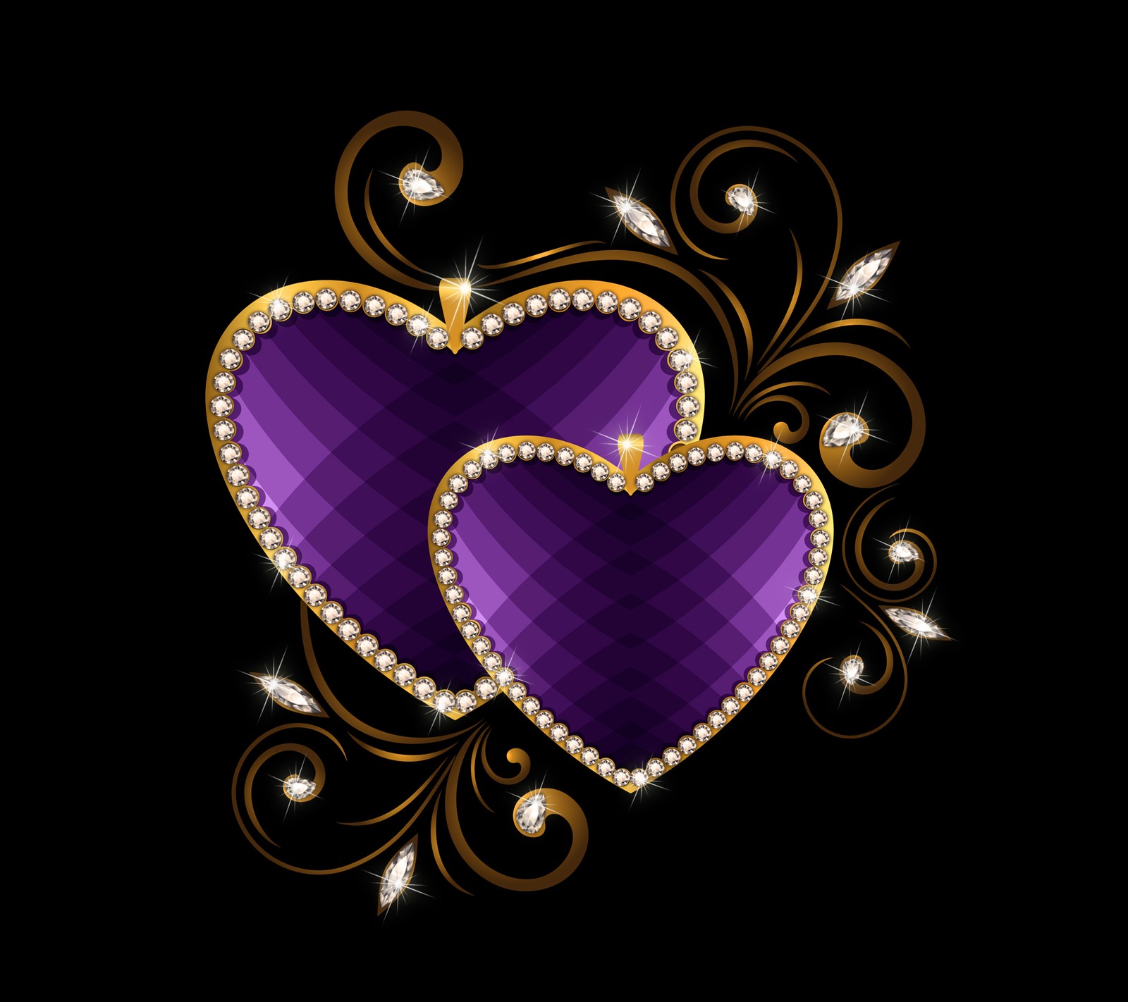 Two purple hearts with diamonds and gold on a black background (brilliant, diamond, heart, jem, love)