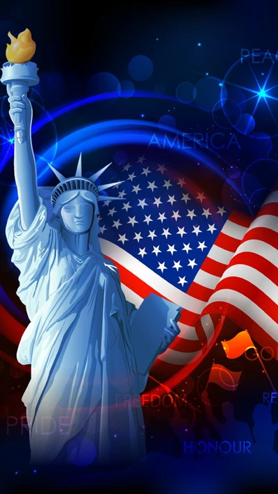 Statue of Liberty Against American Flag Background