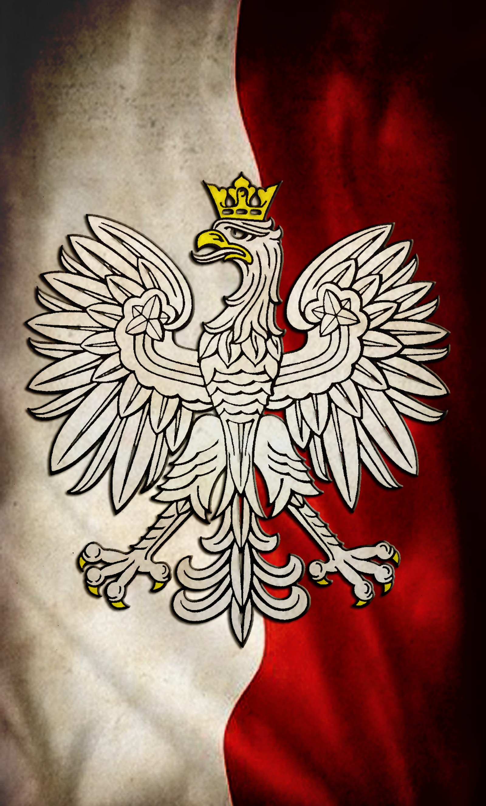 Imagen árabe de un águila blanca con una corona sobre una bandera roja y blanca (bydgoszcz, bandera, flaga, godlo, polad)