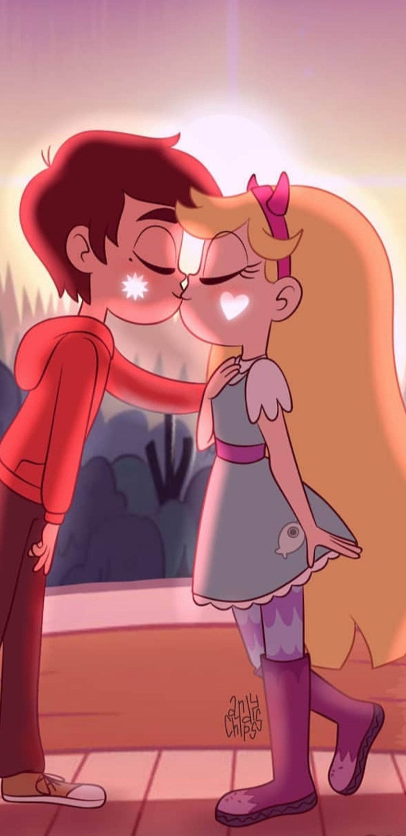 Un dessin animé d'un garçon et d'une fille s'embrassant devant un coucher de soleil (cartoon, baiser, marco, étoile, star butterfly)