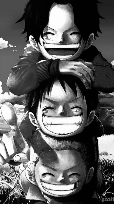 Liens d'enfance d'Ace, Luffy et Sabo dans une aventure en tons gris