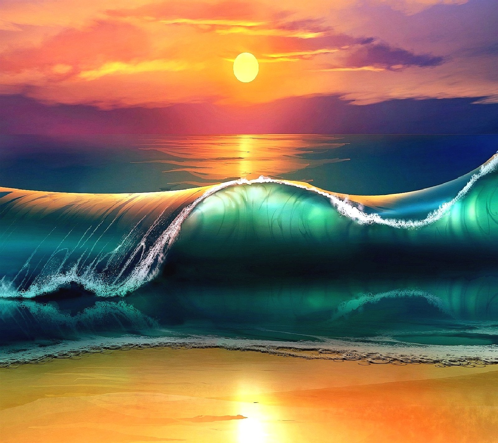 A close up of a wave on a beach with a sunset in the background (nature)