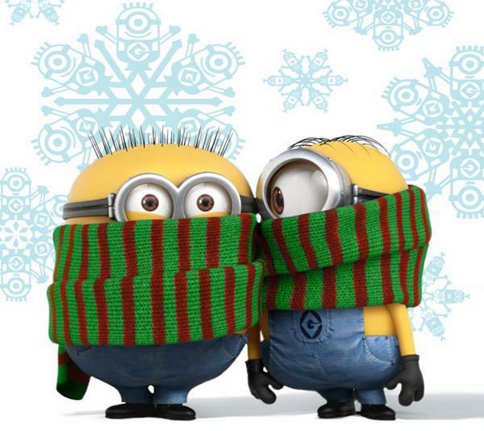 Dois minions estão vestidos com cachecóis (frio, fofo, meu malvado favorito, despicable me, minions)