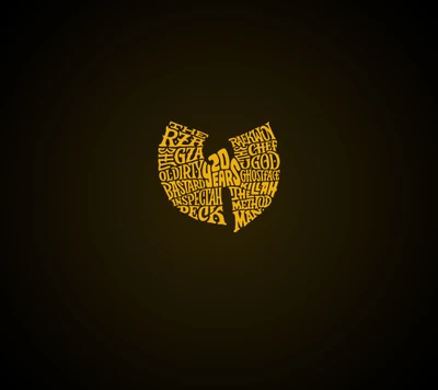 Logo de Wu-Tang Clan compuesto por los nombres de miembros icónicos en amarillo sobre un fondo negro