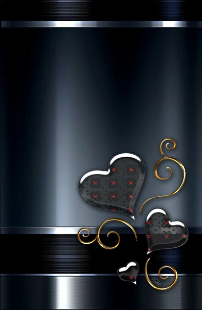 Elegant grey background featuring glossy black hearts adorned with red accents and graceful golden swirls, perfect for Valentine's Day.