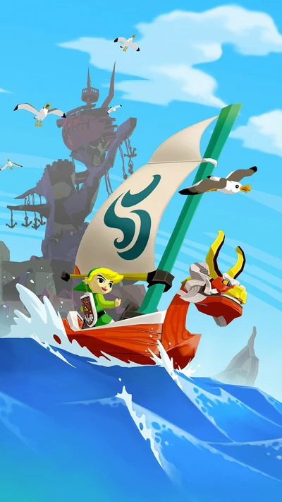 Link navega em um oceano vibrante com um barco excêntrico, acompanhado por gaivotas e um castelo distante, incorporando o espírito de aventura de "The Legend of Zelda".