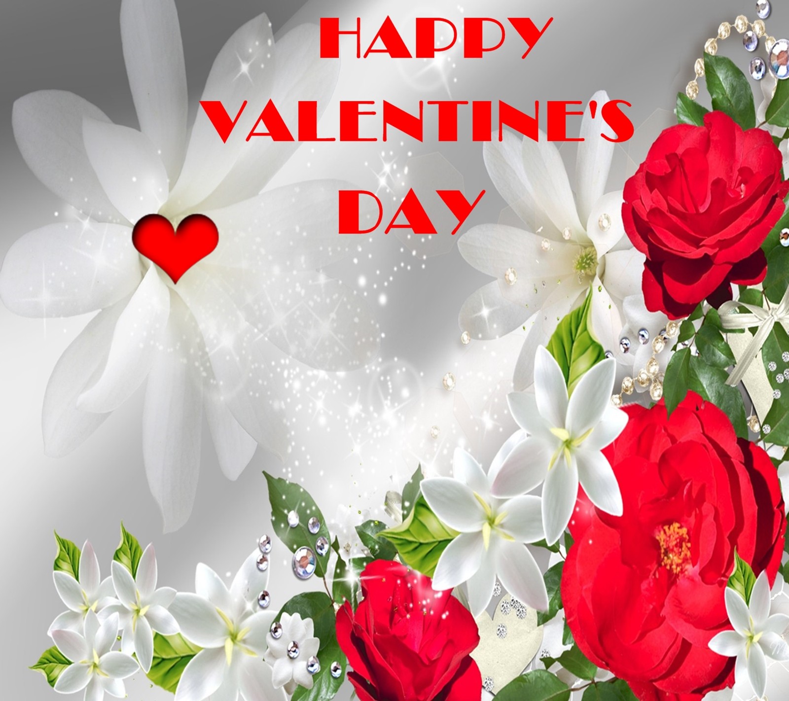 Valentines day greeting with red roses and white flowers (day, valentines)