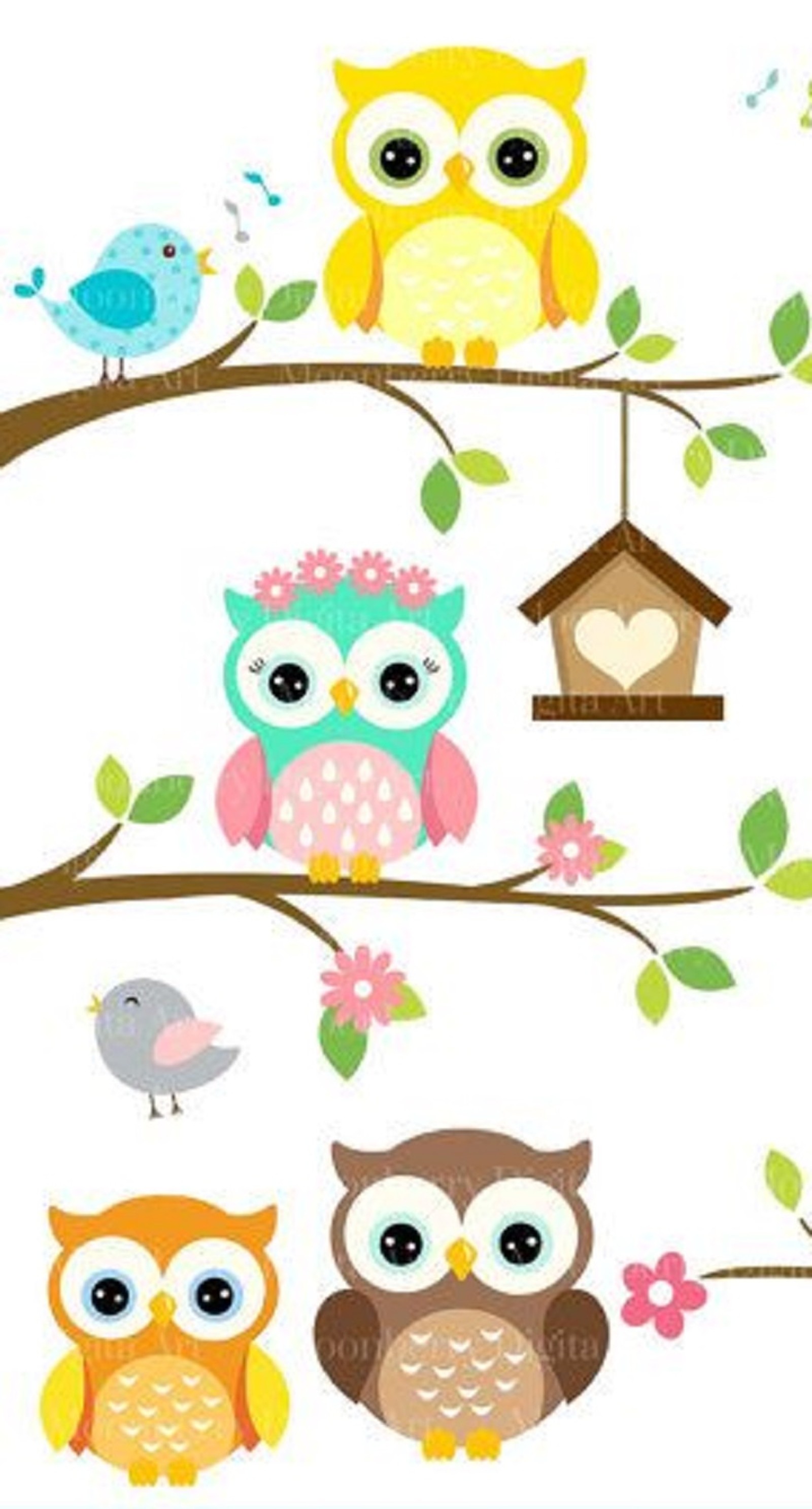 A group of owls sitting on a tree branch with birdhouses (animal, owl)