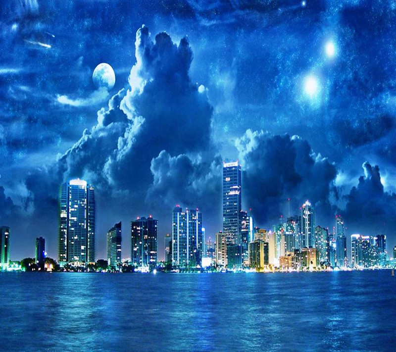 A view of a city skyline at night with a full moon (skyline, wallpaper)