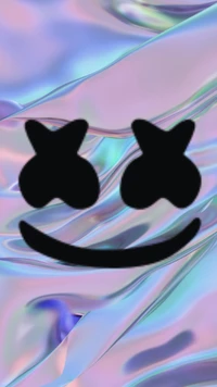 Le logo emblématique de Marshmello sur un fond irisé