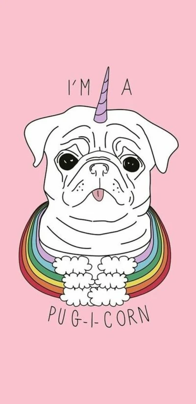 Una ilustración caprichosa de un pug adornado con un cuerno de unicornio y un collar de arcoíris colorido.