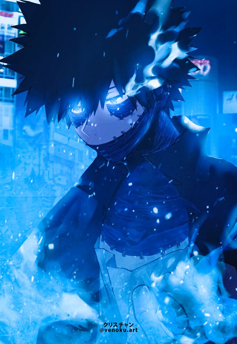 Аниме персонаж в синем куртке с снегом на лице (аниме, anime, даби, dabi, deku)