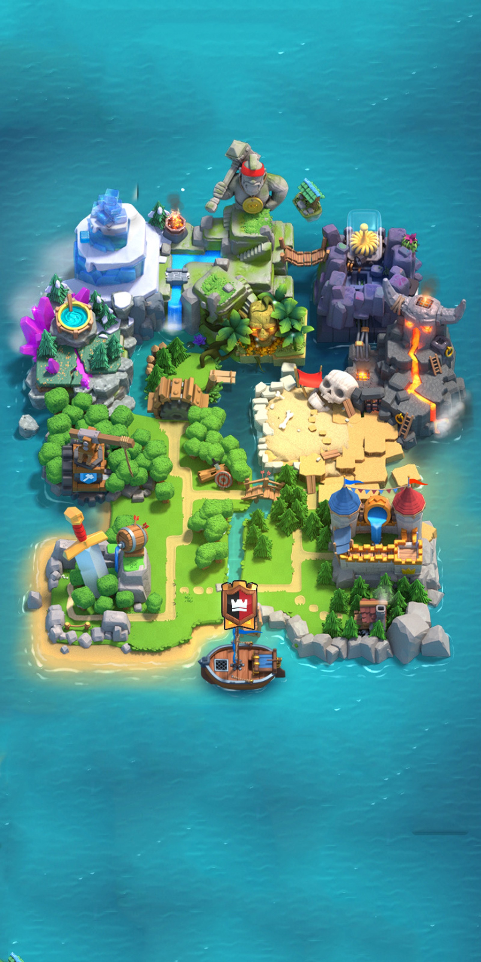 Um mapa de desenho animado de uma pequena ilha com um barco no meio (conflito, clash royale, jogo, gaming, mapa)