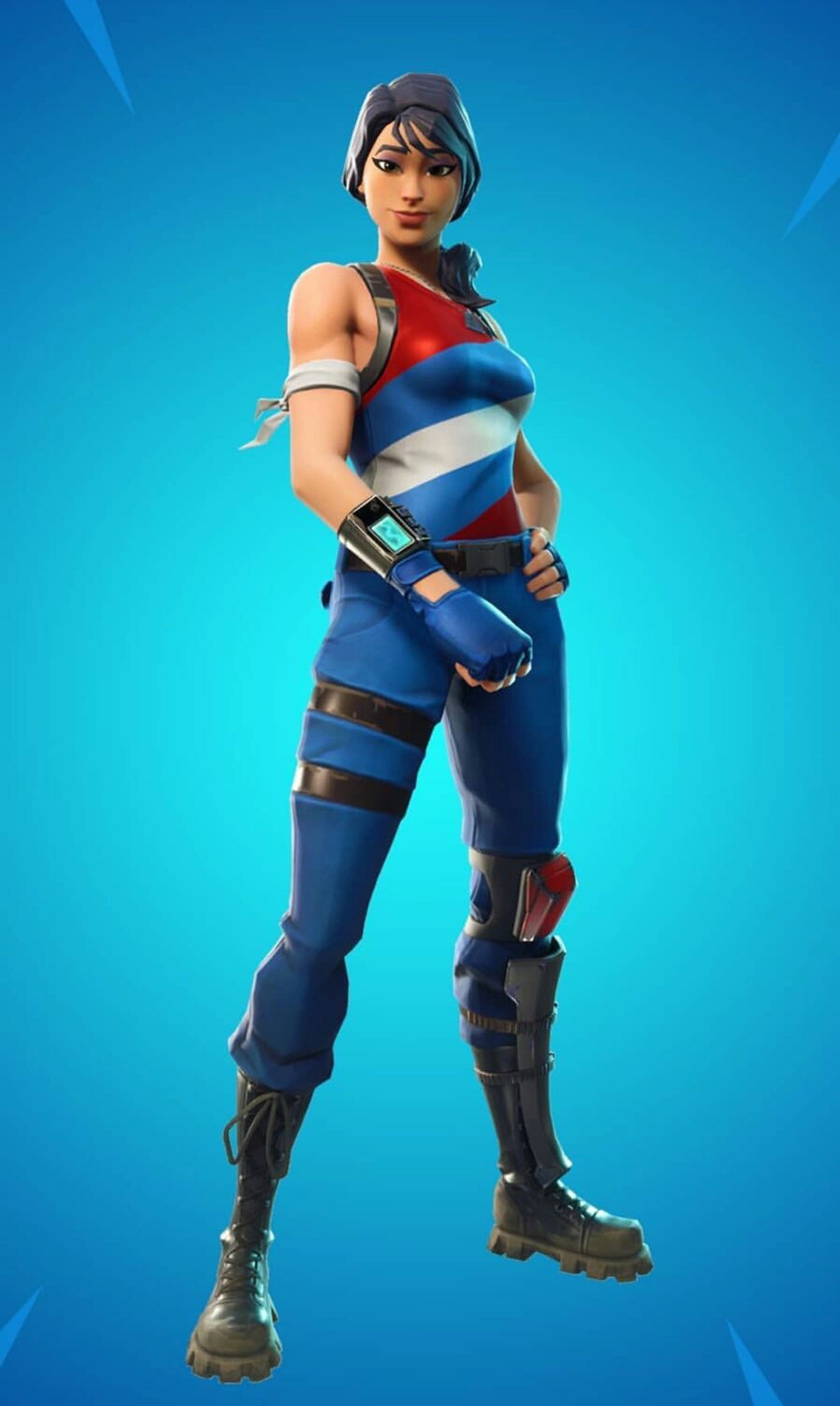 Una mujer con un atuendo azul y rojo de pie frente a un fondo azul (fortnite, juego)