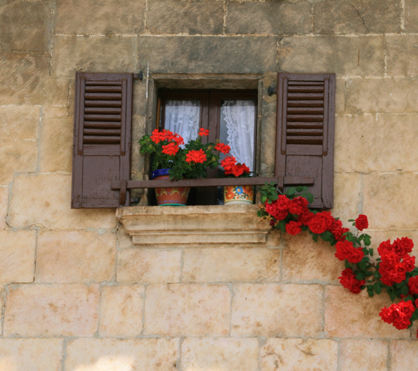 There is a window with a flower box and a potted plant (flowers, red, shutters, wall, window)