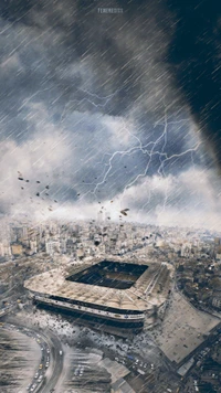 A dramatic aerial view of a stormy cityscape featuring the iconic Fenerbahçe stadium, surrounded by dark clouds and lightning.